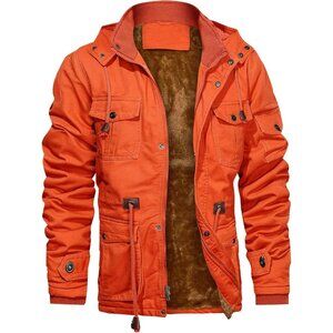 Mens Orange Thick Winter Jacket Hooded Fleece Lined Cotton Military Coat